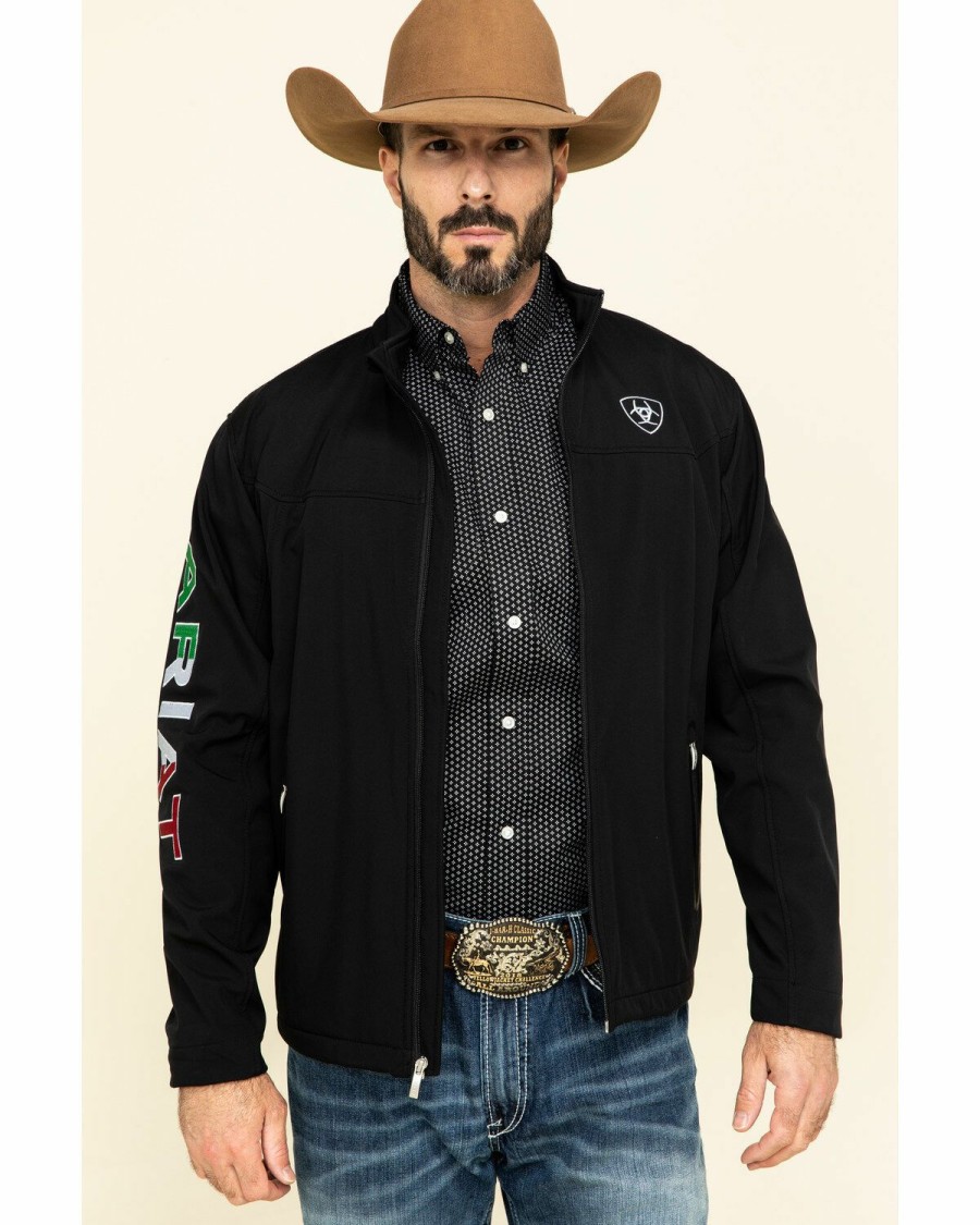 Men'S Clothing * | Ariat Men'S Black Mexico Flag Team Softshell Jacket Outlet