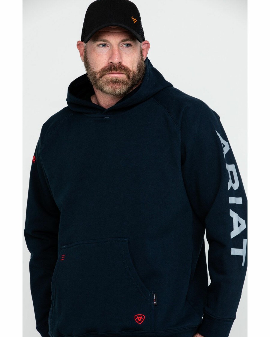 Men'S Clothing * | Ariat Men'S Navy Fr Primo Fleece Logo Hooded Work Sweatshirt Tall Discount