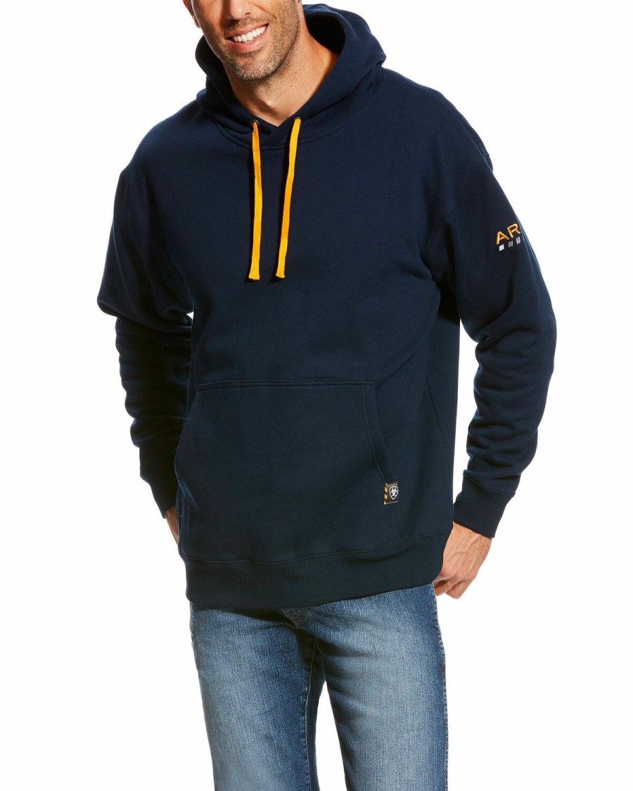 Men'S Clothing * | Ariat Men'S Rebar Navy Logo Hooded Sweatshirt Big & Tall Outlet