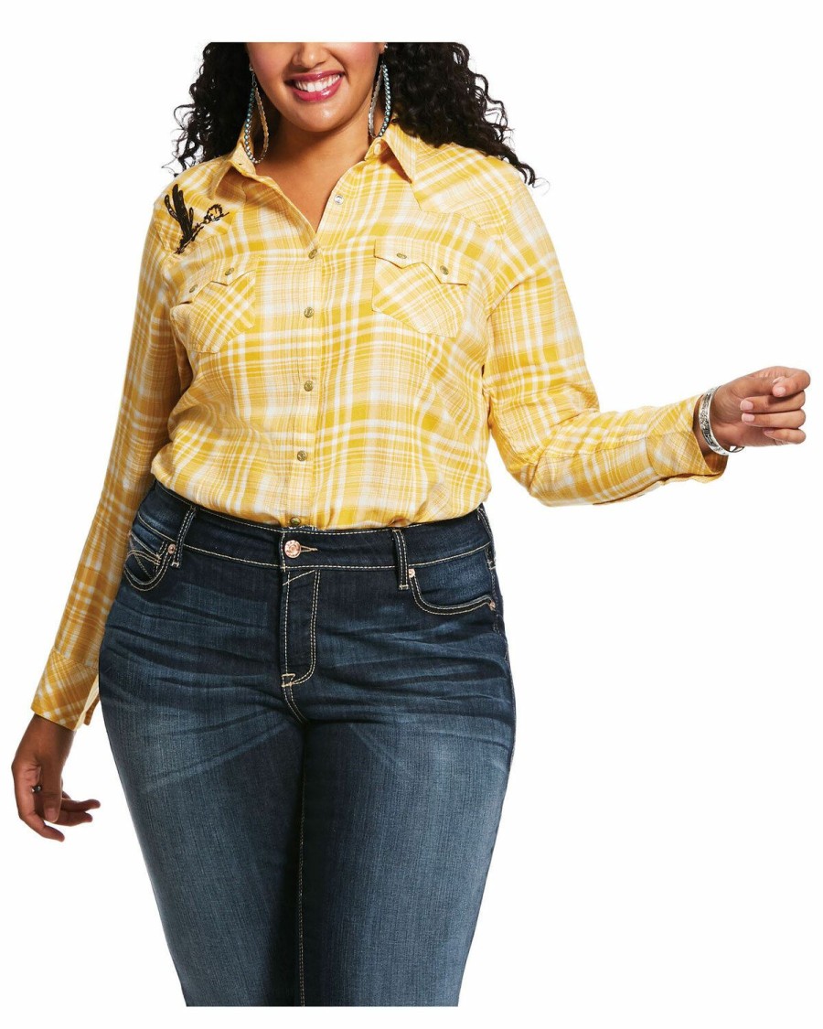 Women'S Clothing * | Ariat Women'S Yellow Plaid R.E.A.L. Sunrise Desert Snap Long Sleeve Western Shirt Plus Discount