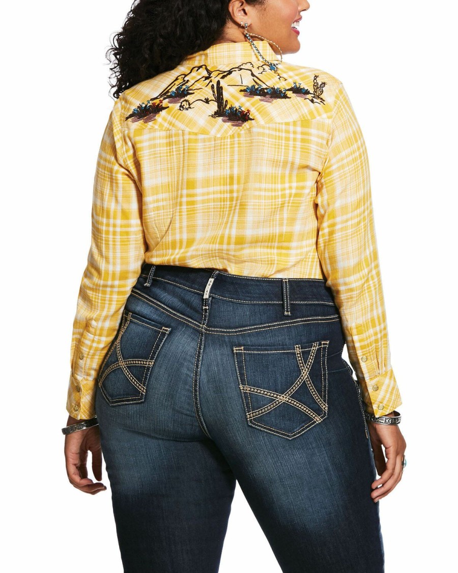 Women'S Clothing * | Ariat Women'S Yellow Plaid R.E.A.L. Sunrise Desert Snap Long Sleeve Western Shirt Plus Discount