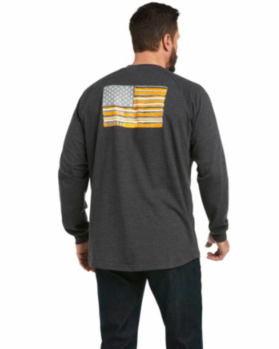 Men'S Clothing * | Ariat Men'S Heather Charcoal Rebar Cottonstrong ?Brand Flag Graphic Long Sleeve Work T-Shirt Outlet