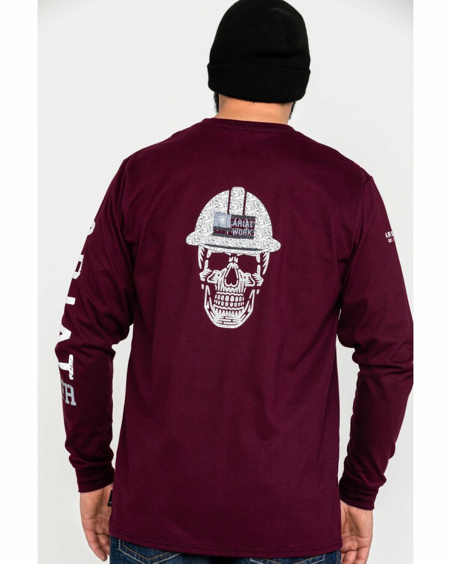 Men'S Clothing * | Ariat Men'S Red Fr Roughneck Skull Logo Crew Long Sleeve Work T-Shirt Clearance