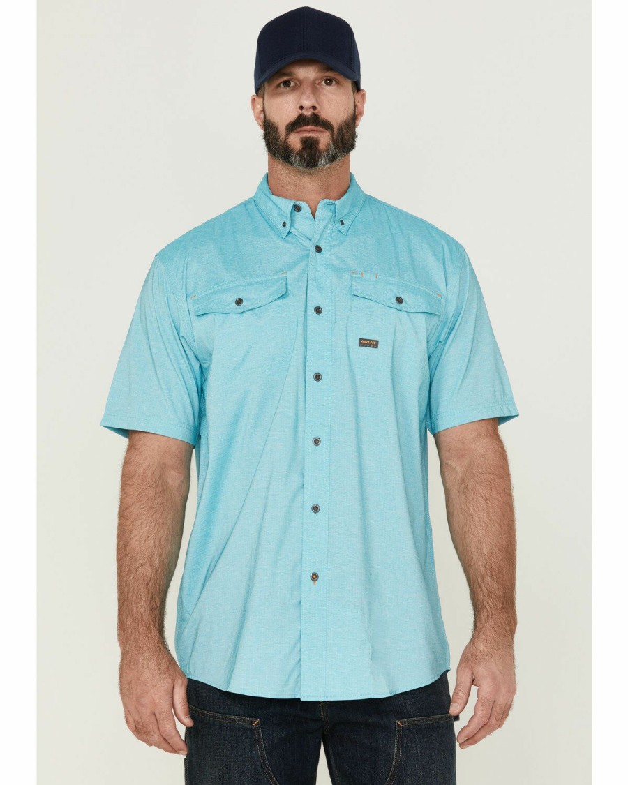 Men'S Clothing * | Ariat Men'S Heather Aqua Rebar Made Tough Venttek Short Sleeve Button-Down Work Shirt Discount