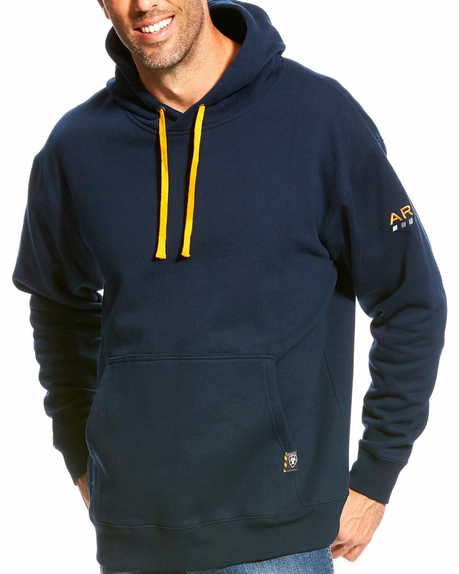 Men'S Clothing * | Ariat Men'S Rebar Navy Logo Hooded Sweatshirt Discount