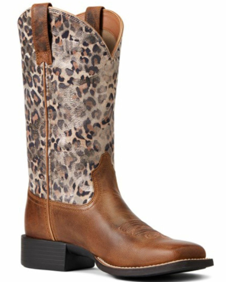 Boots & Shoes * | Ariat Women'S Round Up Leopard Print Western Boots Wide Square Toe Clearance