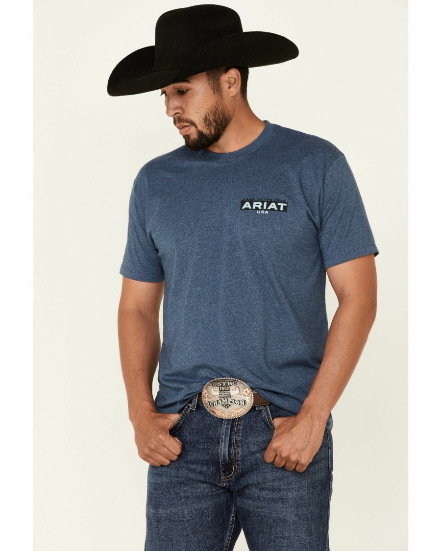 Men'S Clothing * | Ariat Men'S Heather Blue Land Logo Short Sleeve T-Shirt Clearance