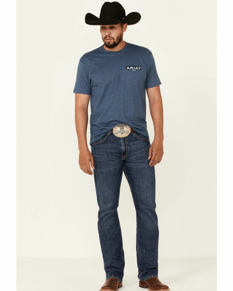 Men'S Clothing * | Ariat Men'S Heather Blue Land Logo Short Sleeve T-Shirt Clearance