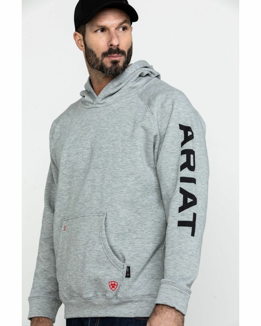 Men'S Clothing * | Ariat Men'S Heather Grey Fr Primo Fleece Logo Hooded Work Sweatshirt Sale