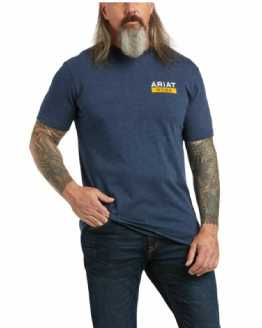 Men'S Clothing * | Ariat Men'S Rebar Roughneck Heather Navy & Lime Graphic Short Sleeve Work Pocket T-Shirt Online