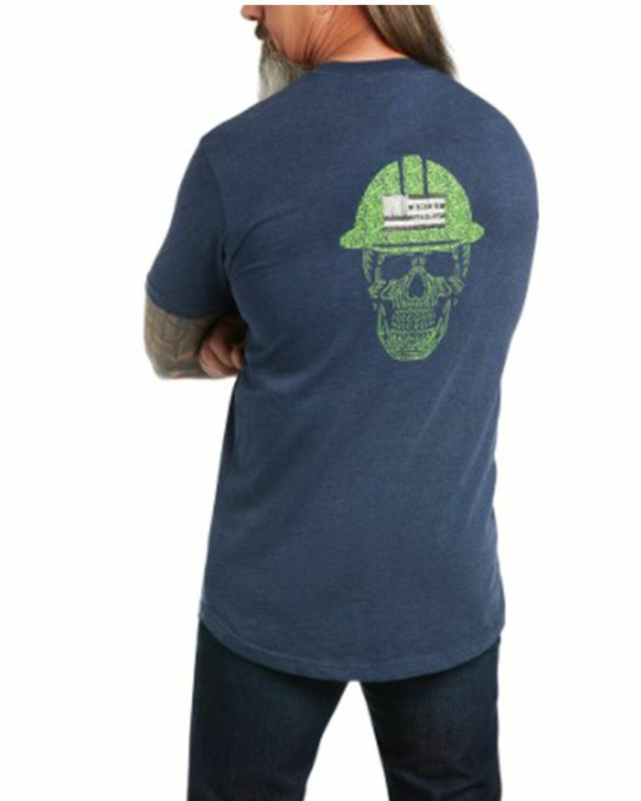 Men'S Clothing * | Ariat Men'S Rebar Roughneck Heather Navy & Lime Graphic Short Sleeve Work Pocket T-Shirt Online