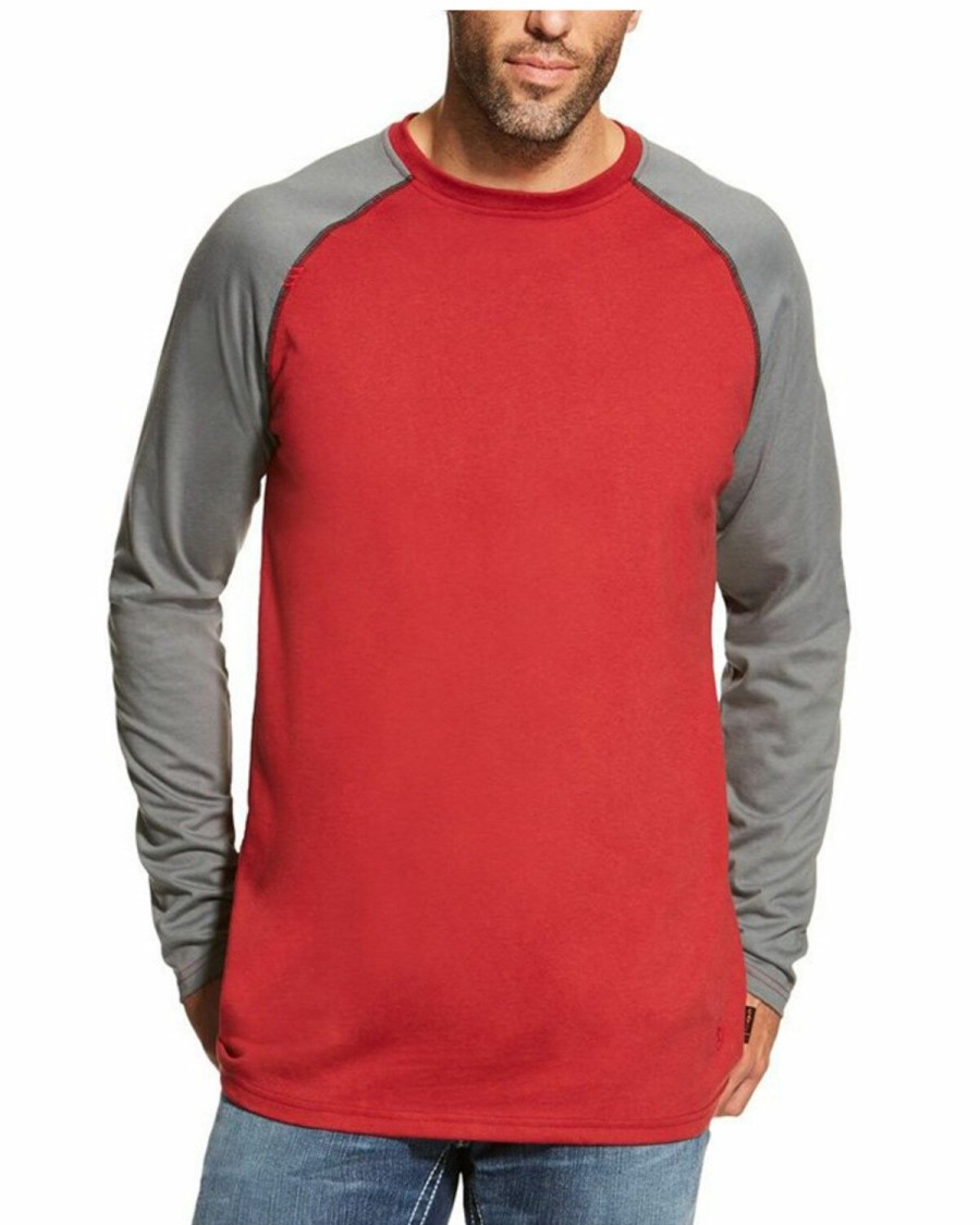 Men'S Clothing * | Ariat Men'S Fr Red & Grey Long Sleeve Baseball Work T-Shirt Big Sale