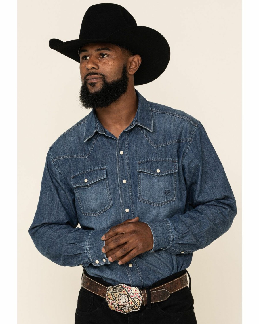 Men'S Clothing * | Ariat Men'S Retro Stone Washed Denim Long Sleeve Western Shirt Discount