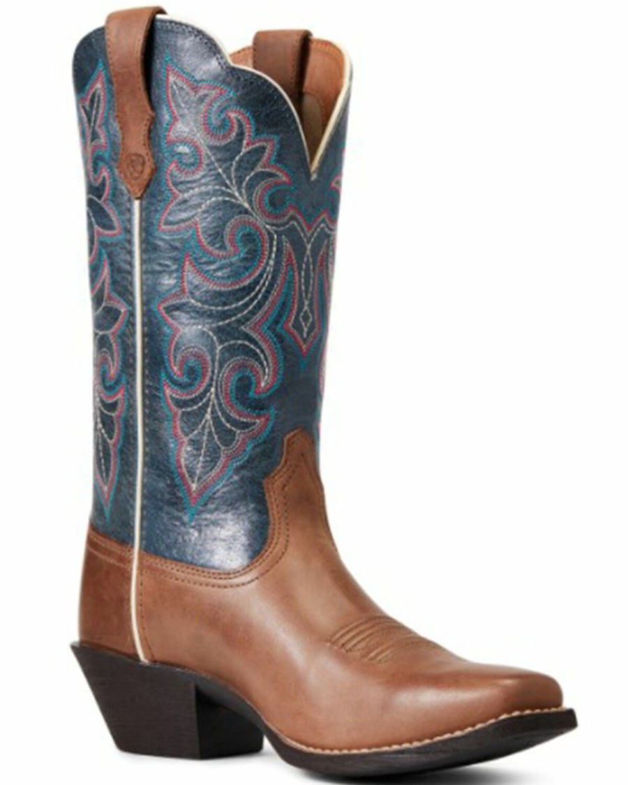 Boots & Shoes * | Ariat Women'S Round Up Full-Grain Leather Storming Brown & Singing The Blues Western Boot Square Toe Outlet