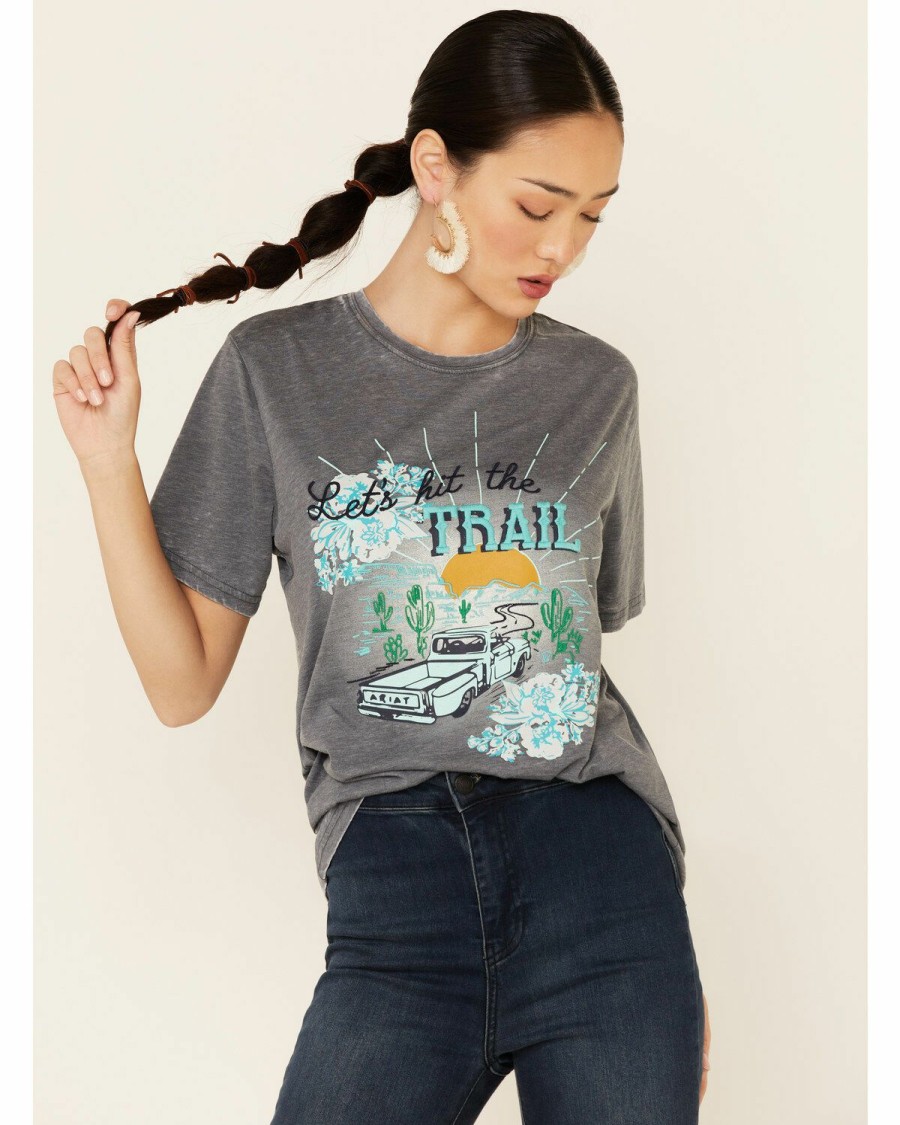 Women'S Clothing * | Ariat Women'S Charcoal Burnout Trail Time Graphic Tee Outlet