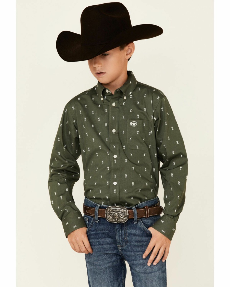 Men'S Clothing * | Ariat Boys' Bertel Buck Geo Print Long Sleeve Button-Down Western Shirt Clearance