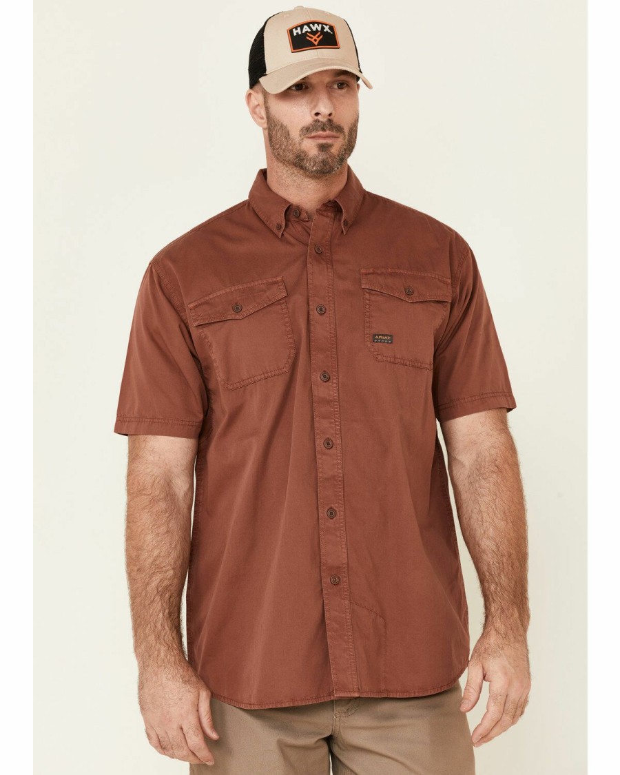 Men'S Clothing * | Ariat Men'S Henna Solid Rebar Washed Twill Short Sleeve Button-Down Work Shirt Discount