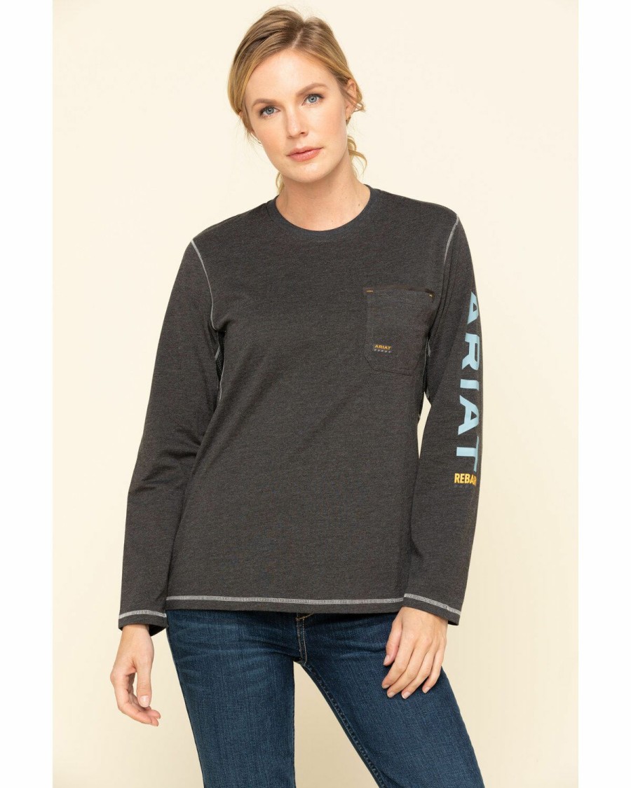 Women'S Clothing * | Ariat Women'S Charcoal Heather Rebar Logo Long Sleeve Work Shirt Outlet