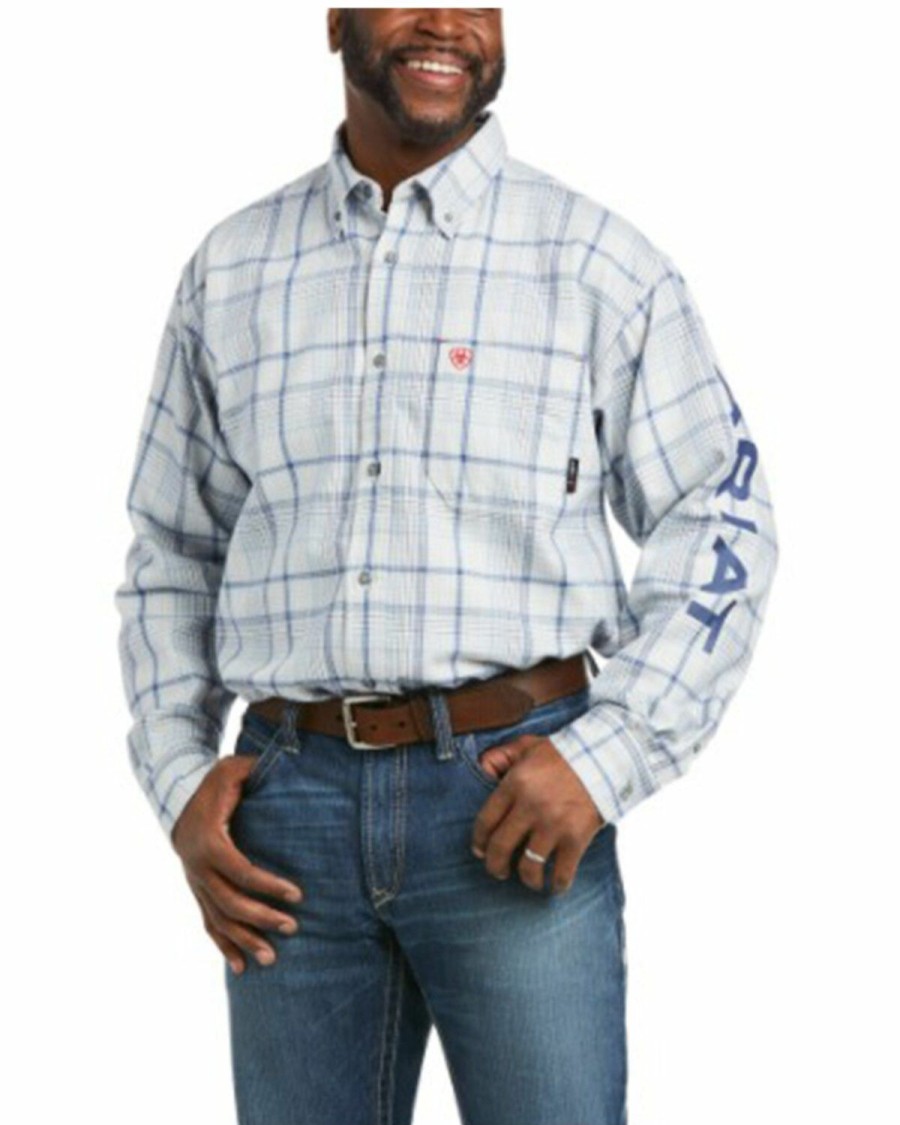 Men'S Clothing * | Ariat Men'S Fr Sawyer Logo Plaid Long Sleeve Button-Down Work Shirt Big Outlet