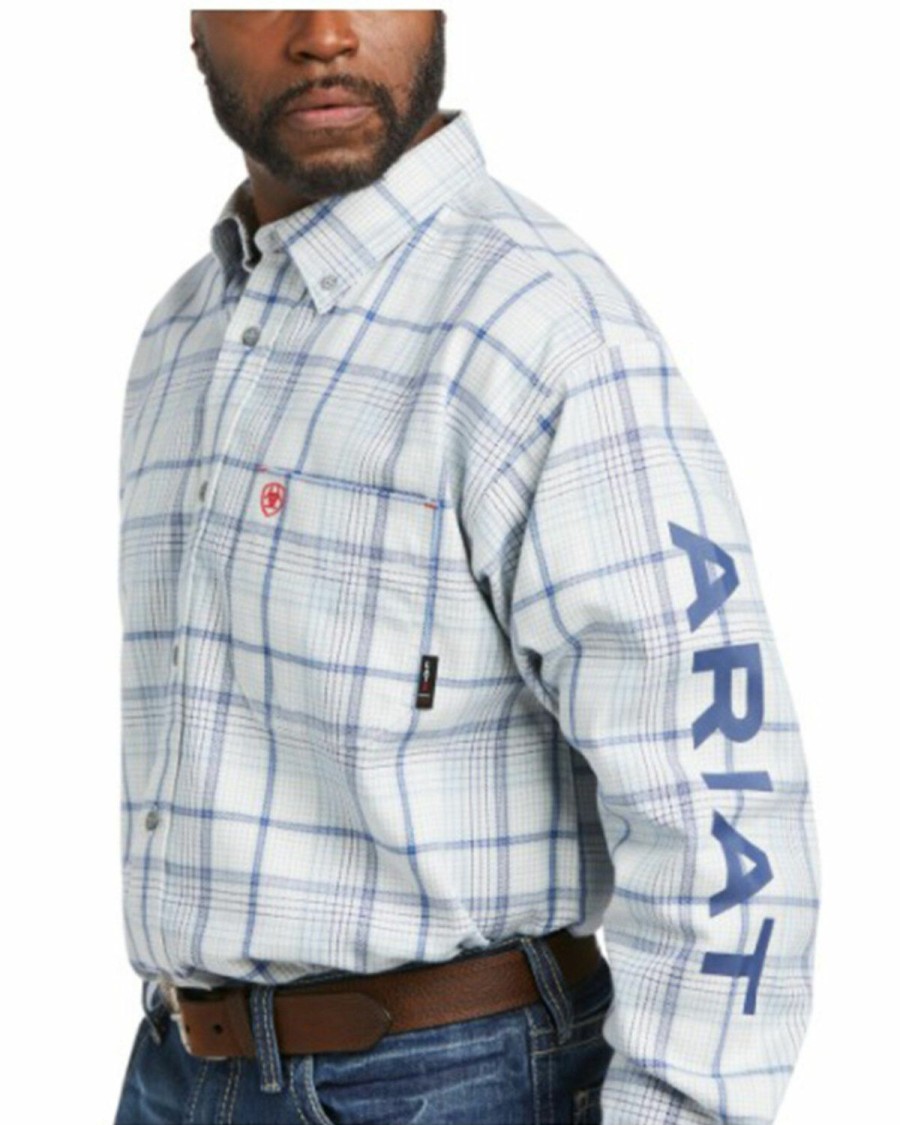 Men'S Clothing * | Ariat Men'S Fr Sawyer Logo Plaid Long Sleeve Button-Down Work Shirt Big Outlet