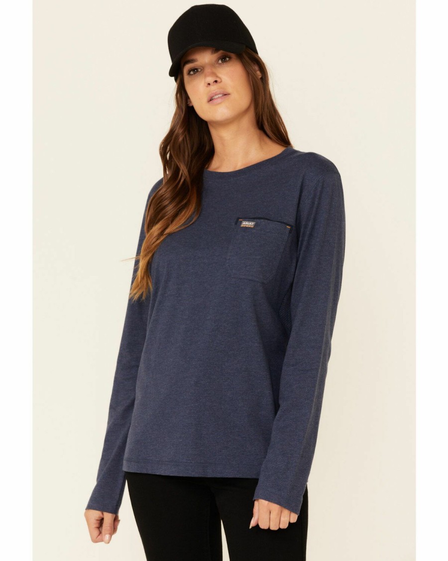 Boots & Shoes * | Ariat Women'S Solid Navy Bolt Logo Long Sleeve Work Tee Outlet