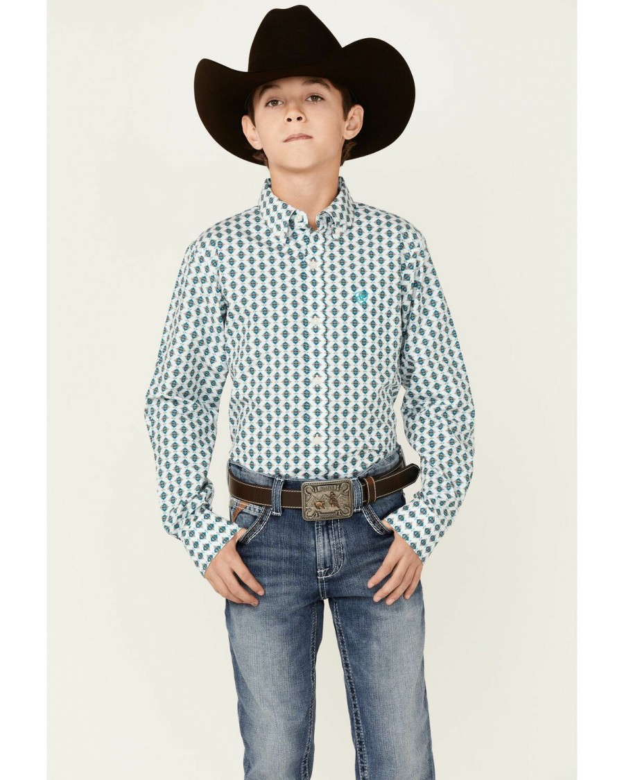 Men'S Clothing * | Ariat Boys' Derek Diamond Geo Print Long Sleeve Button-Down Western Shirt Clearance