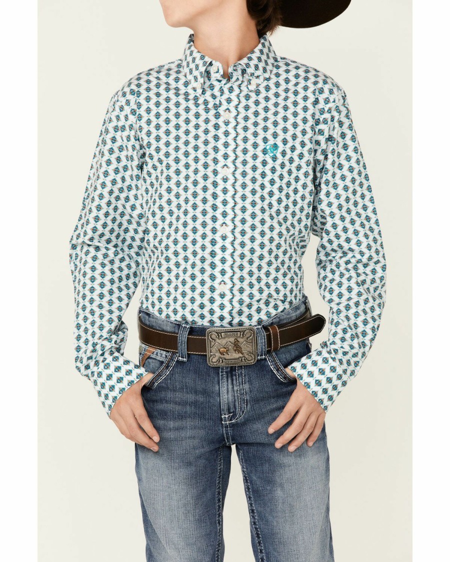 Men'S Clothing * | Ariat Boys' Derek Diamond Geo Print Long Sleeve Button-Down Western Shirt Clearance