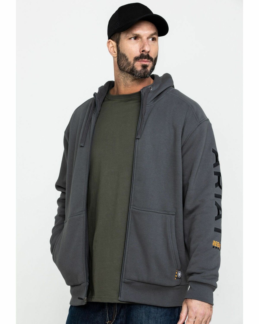 Men'S Clothing * | Ariat Men'S Grey Rebar All-Weather Full Zip Work Hooded Sweatshirt Online