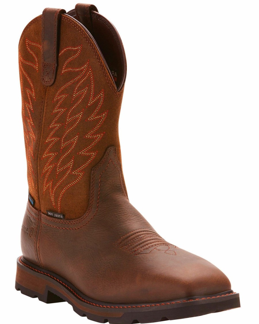 Boots & Shoes * | Ariat Men'S Brown Groundbreaker H20 Wide Square Toe Boots Steel Toe Discount